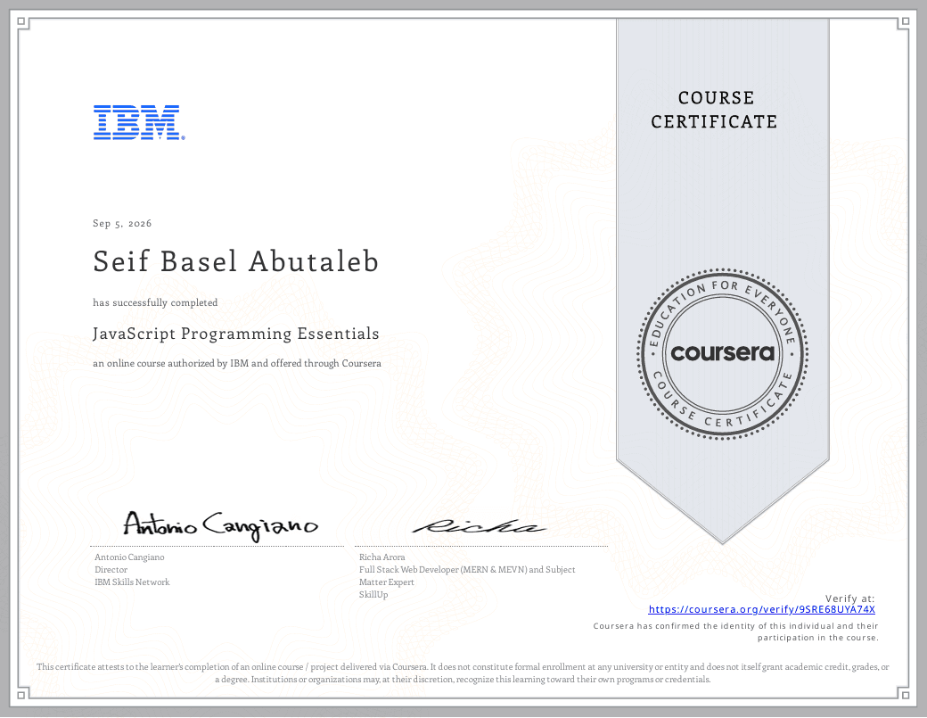 IBM JavaScript Programming Essentials certificate
