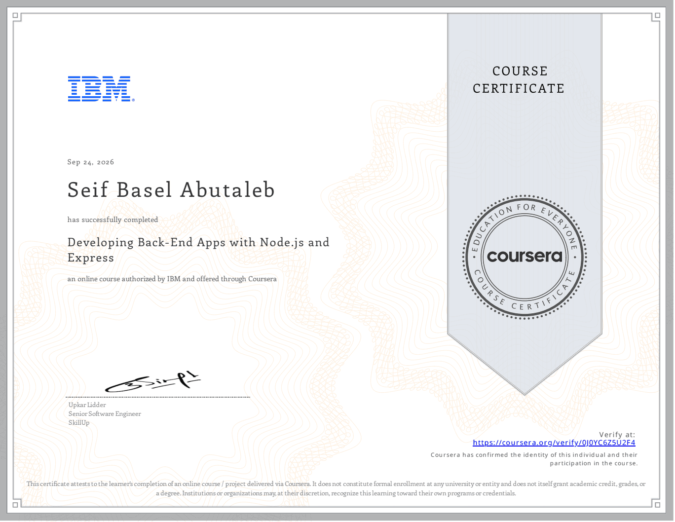 IBM Developing Back-End Apps with Node.js and Express certificate